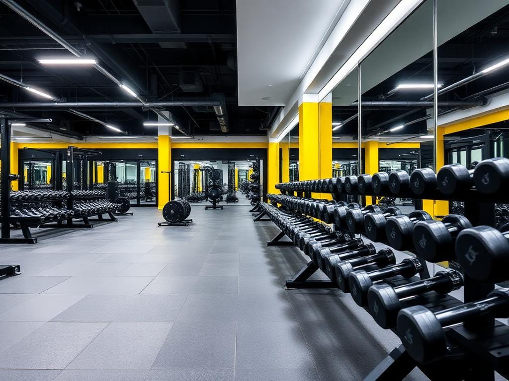 gym strength training zone with dumbbells and machines